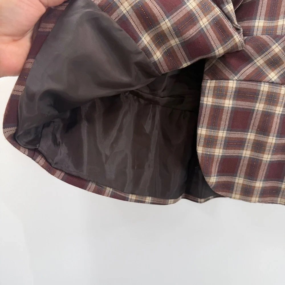 Stooshy Womens Plaid Y2K Short Sleeve Blazer Burgundy Brown Metallic Gold Large - Picture 10 of 12